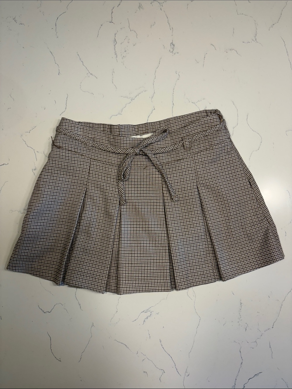 Hollister Cream and Black Checked Pleated Mini Skirt with Tie Waist